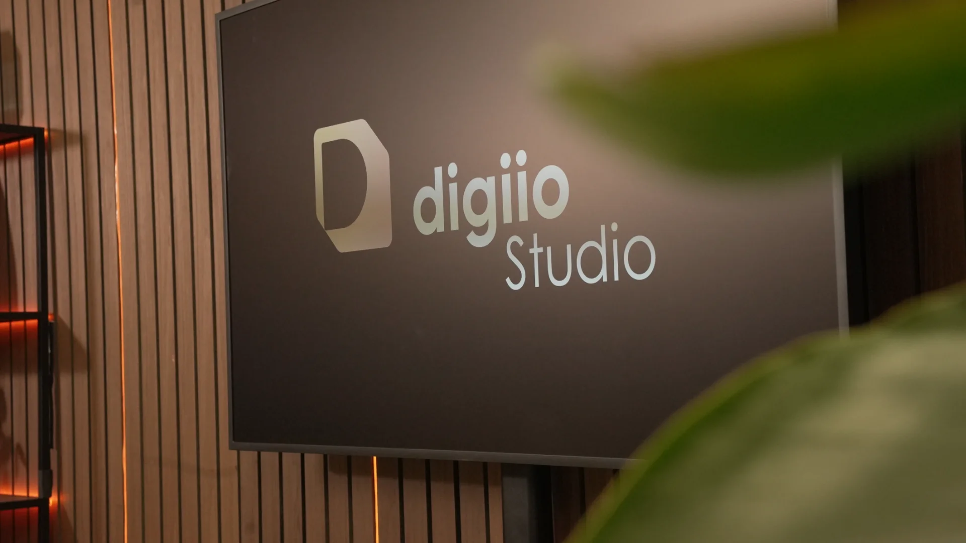 The digiio Studio logo on a screen against the slatted timber wall, a leaf soft in the foreground